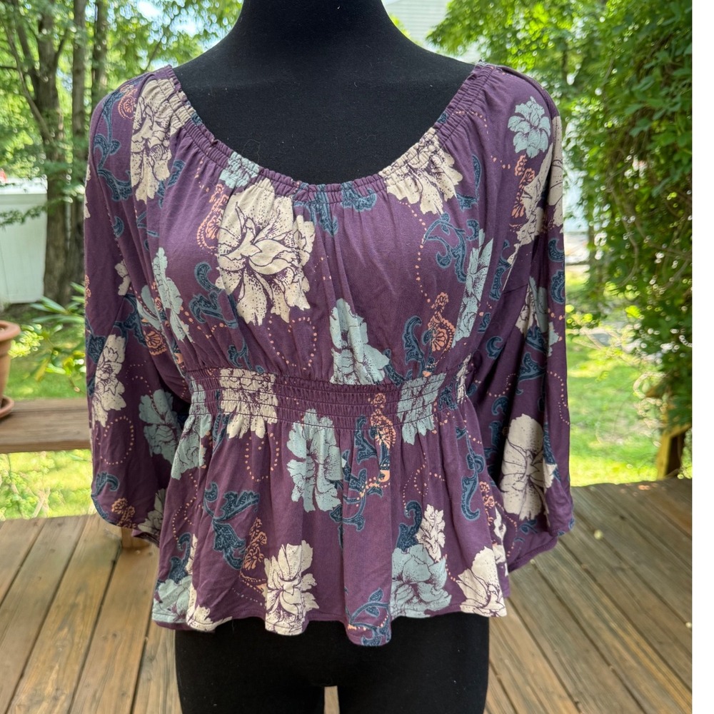 Free People Purple Floral Smocked Waist Open Back Kimono Sleeve Blouse XS